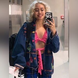 Y2k vintage denim embroidered butterfly farm style colorful jacket